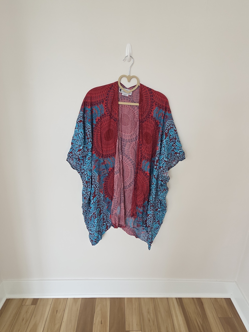 *LOTUS & LUNA* Boho Red and Teal Open-Front Kimono - Picture 5 of 7